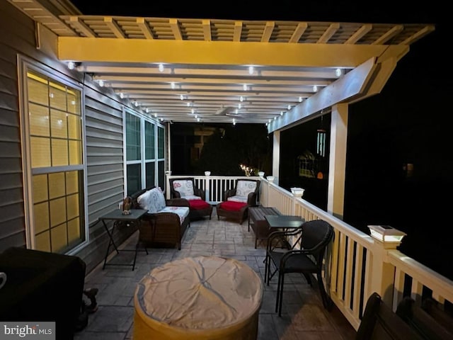 21 Whaleback Ln, Fredericksburg, VA 22406 - patio at twilight with an outdoor living space and a pergola