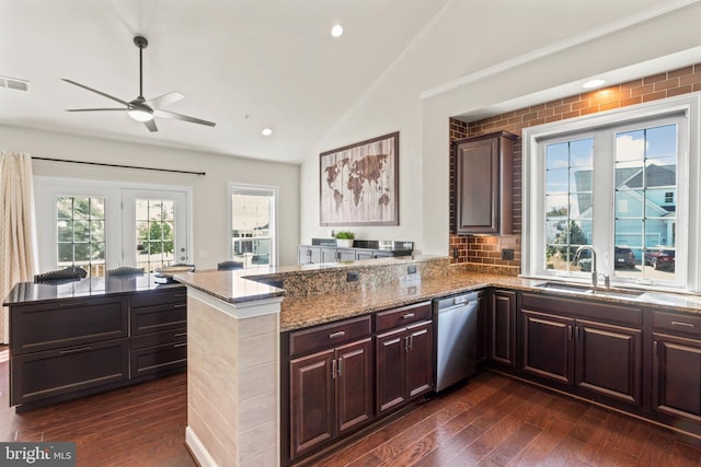 21 Whaleback Ln, Fredericksburg, VA 22406 - kitchen featuring dishwasher, a peninsula, vaulted ceiling, ceiling fan, and dark wood-style floors