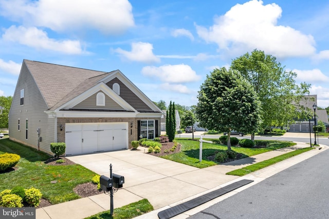 21 Whaleback Ln, Fredericksburg, VA 22406 - view of front of property featuring a garage, concrete driveway, a front lawn, brick siding, and a shingled roof