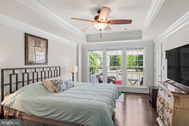 21 Whaleback Ln, Fredericksburg, VA 22406 - bedroom featuring ornamental molding, a raised ceiling, dark wood finished floors, and a ceiling fan