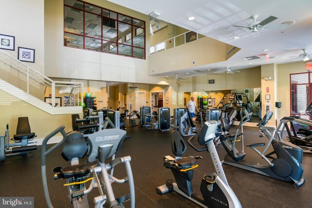 21 Whaleback Ln, Fredericksburg, VA 22406 - exercise room featuring a ceiling fan and a towering ceiling