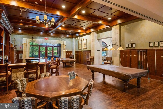 21 Whaleback Ln, Fredericksburg, VA 22406 - rec room featuring billiards, coffered ceiling, wood finished floors, beam ceiling, and recessed lighting