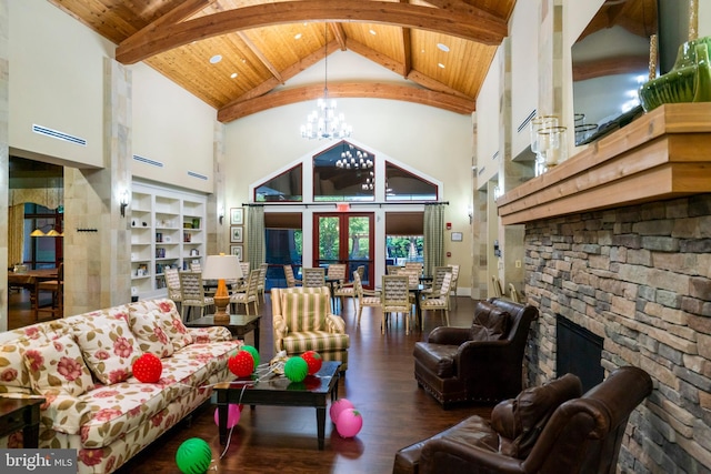 21 Whaleback Ln, Fredericksburg, VA 22406 - living area with high vaulted ceiling, wooden ceiling with exposed beams, wood finished floors, a chandelier, and a fireplace