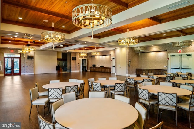 21 Whaleback Ln, Fredericksburg, VA 22406 - dining area with a chandelier, wood finished floors, wooden ceiling with exposed beams, and recessed lighting