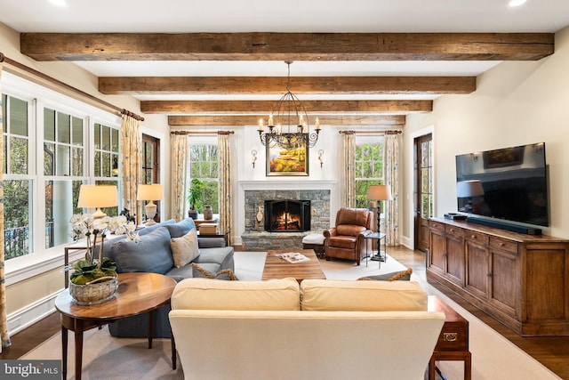 6529 Sothoron Rd, Mclean, VA 22101 - living room featuring wood finished floors, a fireplace, plenty of natural light, recessed lighting, and beamed ceiling