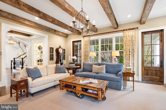 6529 Sothoron Rd, Mclean, VA 22101 - living area with a chandelier, beamed ceiling, recessed lighting, stairway, and baseboards