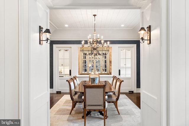 6529 Sothoron Rd, Mclean, VA 22101 - dining room with wood finished floors, a chandelier, and wood ceiling with exposed beams