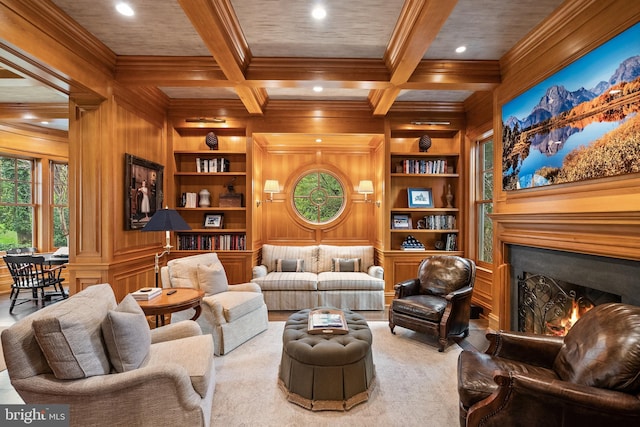 6529 Sothoron Rd, Mclean, VA 22101 - sitting room featuring built in shelves, ornamental molding, wooden walls, a warm lit fireplace, and wood ceiling with exposed beams