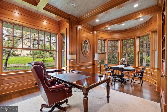 6529 Sothoron Rd, Mclean, VA 22101 - office space with wood finished floors, crown molding, beam ceiling, a decorative wall, and recessed lighting