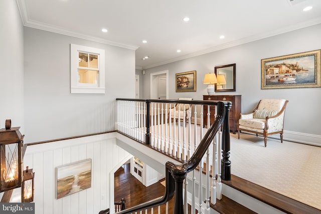 6529 Sothoron Rd, Mclean, VA 22101 - staircase with recessed lighting, ornamental molding, carpet, and a wainscoted wall