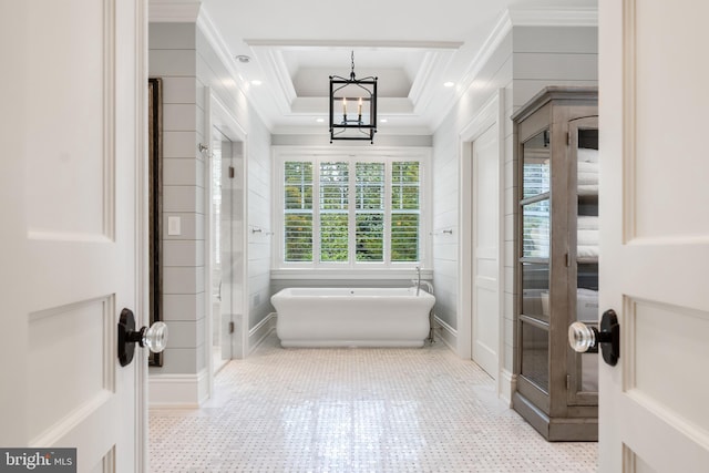 6529 Sothoron Rd, Mclean, VA 22101 - full bathroom with a chandelier, ornamental molding, a freestanding bath, a stall shower, and a decorative wall
