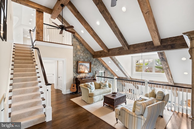 6529 Sothoron Rd, Mclean, VA 22101 - living area featuring a ceiling fan, high vaulted ceiling, beamed ceiling, wood finished floors, and recessed lighting