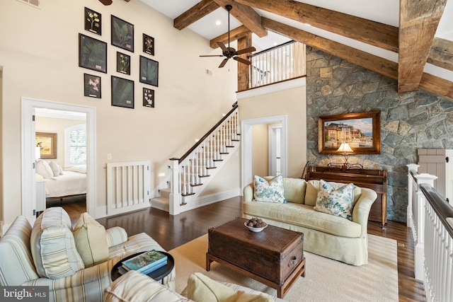 6529 Sothoron Rd, Mclean, VA 22101 - living area featuring a ceiling fan, wood finished floors, beamed ceiling, high vaulted ceiling, and baseboards