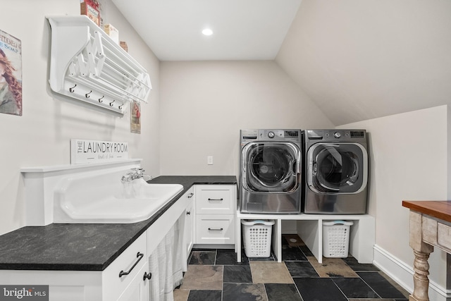 6529 Sothoron Rd, Mclean, VA 22101 - laundry room with washing machine and dryer, cabinet space, dark stone finish flooring, baseboards, and recessed lighting