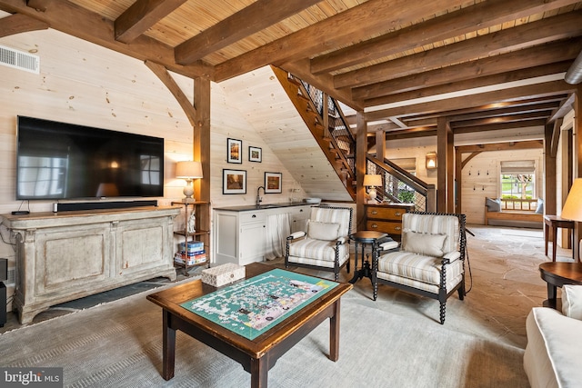 6529 Sothoron Rd, Mclean, VA 22101 - living area with wood ceiling with exposed beams, wood walls, stairs, and bar area