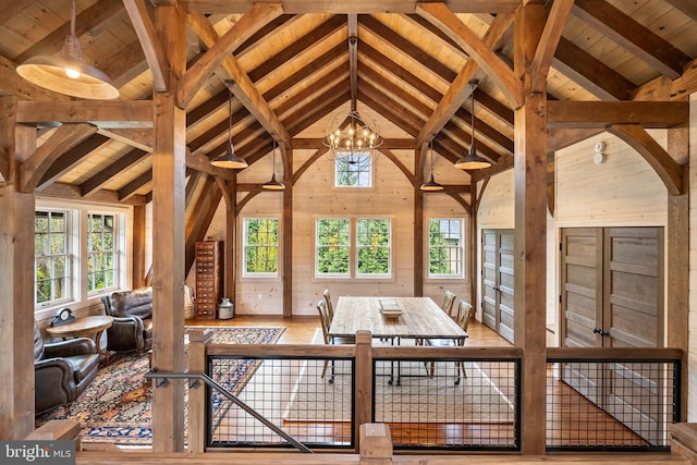 6529 Sothoron Rd, Mclean, VA 22101 - dining area featuring wooden ceiling with exposed beams, wood walls, a chandelier, wood finished floors, and high vaulted ceiling