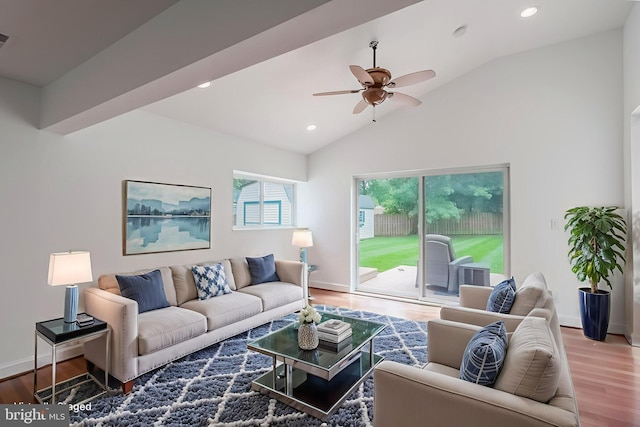 5923 Westridge Ct, Alexandria, VA 22310 - living area featuring wood finished floors, lofted ceiling, a ceiling fan, baseboards, and recessed lighting