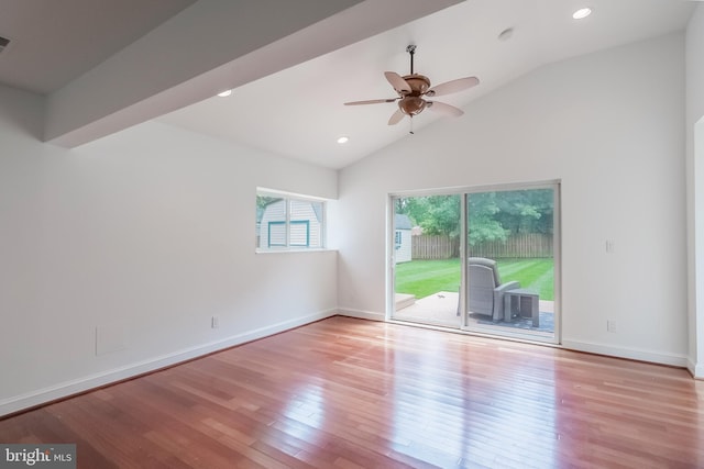5923 Westridge Ct, Alexandria, VA 22310 - empty room featuring wood finished floors, vaulted ceiling, ceiling fan, recessed lighting, and baseboards