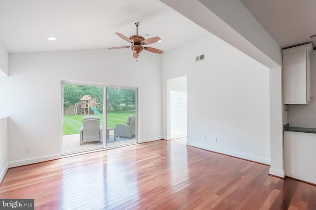 5923 Westridge Ct, Alexandria, VA 22310 - unfurnished living room featuring a ceiling fan, light wood-type flooring, baseboards, and high vaulted ceiling