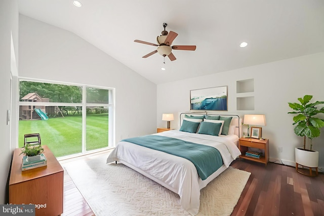 5923 Westridge Ct, Alexandria, VA 22310 - bedroom featuring wood finished floors, vaulted ceiling, recessed lighting, access to outside, and a ceiling fan