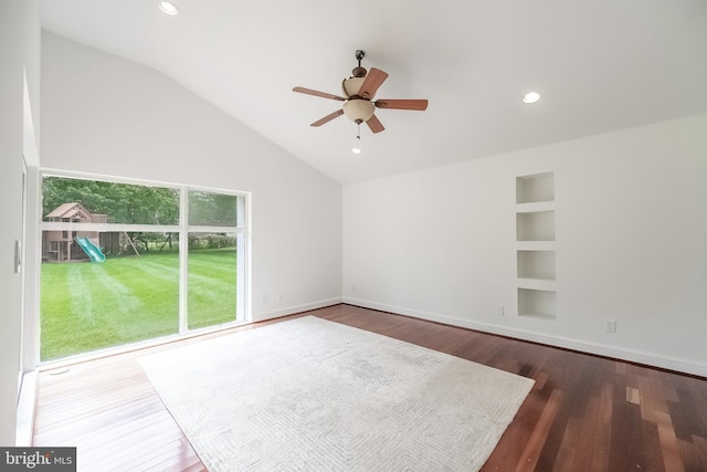 5923 Westridge Ct, Alexandria, VA 22310 - spare room with built in shelves, a ceiling fan, wood finished floors, lofted ceiling, and baseboards