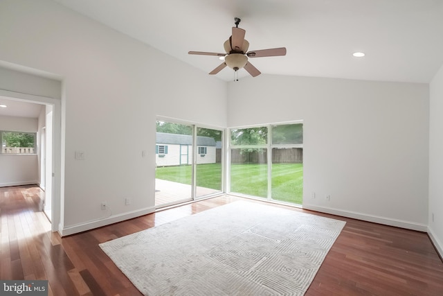5923 Westridge Ct, Alexandria, VA 22310 - empty room with plenty of natural light, ceiling fan, wood finished floors, high vaulted ceiling, and recessed lighting
