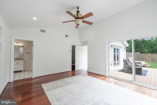 5923 Westridge Ct, Alexandria, VA 22310 - unfurnished bedroom featuring access to outside, wood finished floors, high vaulted ceiling, baseboards, and ensuite bathroom