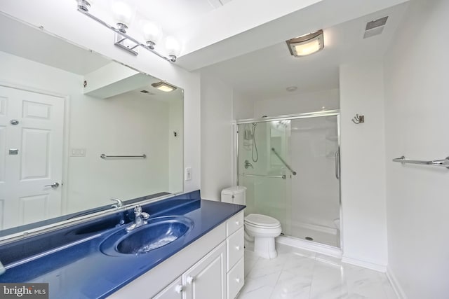 5923 Westridge Ct, Alexandria, VA 22310 - bathroom featuring toilet, vanity, a shower stall, marble finish floors, and baseboards
