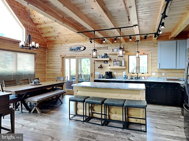 966 Fork Run Trl, Mc Henry, MD 21541 - kitchen featuring rail lighting, a sink, wood walls, a center island, and a kitchen bar