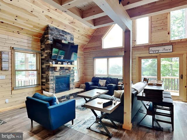 966 Fork Run Trl, Mc Henry, MD 21541 - living room with wood walls, healthy amount of natural light, wood finished floors, wooden ceiling with exposed beams, and a stone fireplace