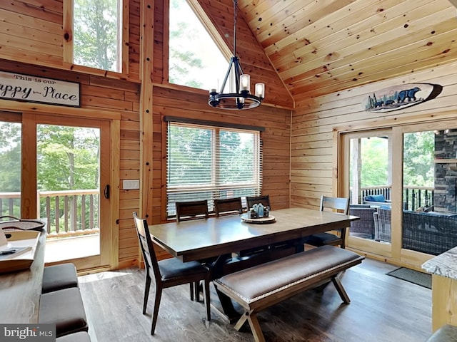 966 Fork Run Trl, Mc Henry, MD 21541 - dining area with plenty of natural light, wood walls, a chandelier, light wood finished floors, and wooden ceiling