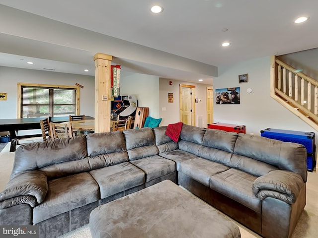 966 Fork Run Trl, Mc Henry, MD 21541 - carpeted living room featuring recessed lighting, stairway, and decorative columns