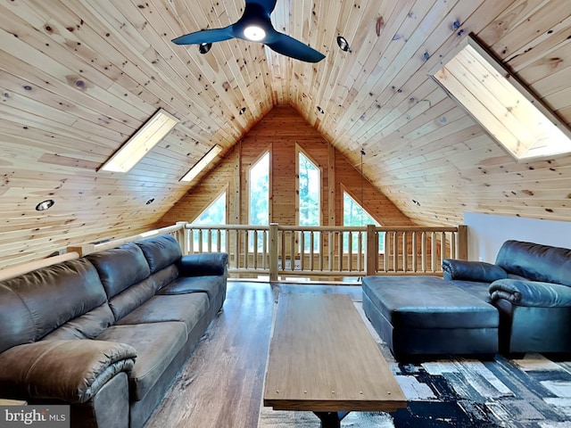966 Fork Run Trl, Mc Henry, MD 21541 - living area with a skylight, ceiling fan, wood ceiling, vaulted ceiling, and wood finished floors