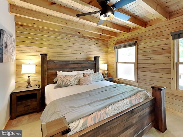966 Fork Run Trl, Mc Henry, MD 21541 - bedroom featuring wood ceiling with exposed beams, wooden walls, multiple windows, a skylight, and a ceiling fan