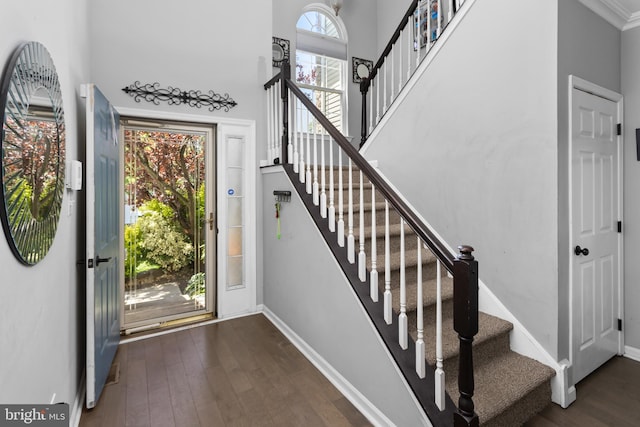 14 Barclay Ct, Bordentown, NJ 08505 - foyer featuring dark wood-style floors, stairway, baseboards, and a high ceiling