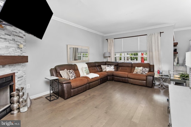 14 Barclay Ct, Bordentown, NJ 08505 - living room with a fireplace, crown molding, wood finished floors, and baseboards