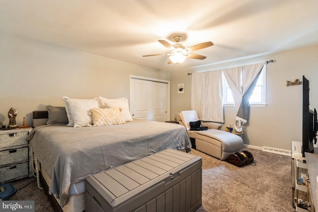 6402 Browning Rd, Pennsauken, NJ 08109 - bedroom featuring dark colored carpet, a closet, baseboards, and a ceiling fan