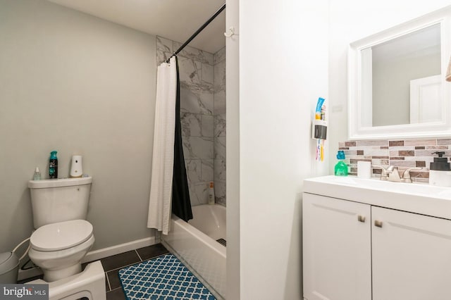 6402 Browning Rd, Pennsauken, NJ 08109 - full bathroom featuring toilet, vanity, shower / bath combo, decorative backsplash, and tile patterned floors