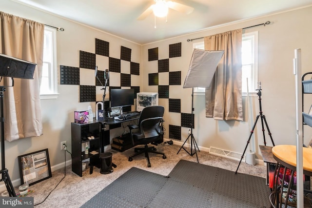 6402 Browning Rd, Pennsauken, NJ 08109 - carpeted office space with a ceiling fan, baseboards, and crown molding