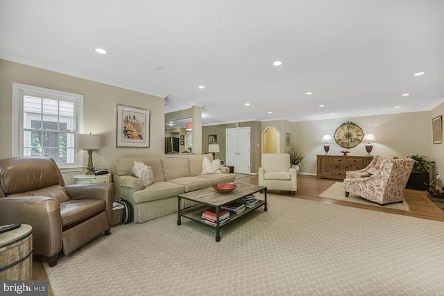981 Old Holly Dr, Great Falls, VA 22066 - living room featuring ornamental molding, recessed lighting, and wood finished floors