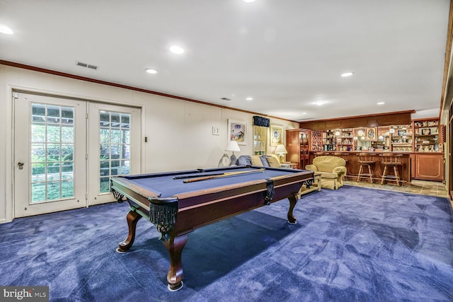 981 Old Holly Dr, Great Falls, VA 22066 - rec room featuring ornamental molding, carpet, billiards table, recessed lighting, and a bar