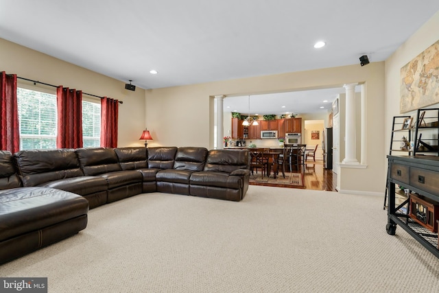 128 Bay Club Pkwy, North East, MD 21901 - living room featuring ornate columns, light colored carpet, recessed lighting, and baseboards