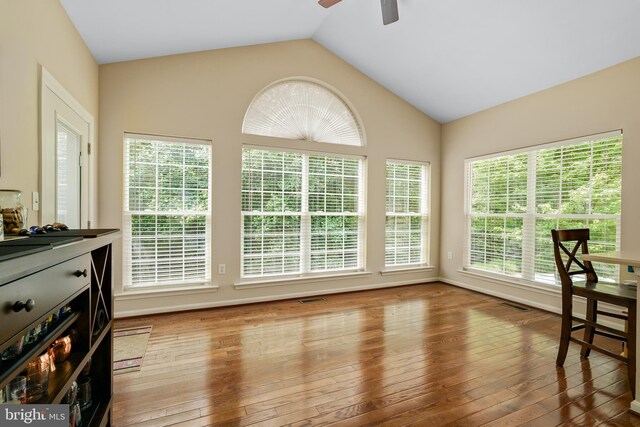 128 Bay Club Pkwy, North East, MD 21901 - unfurnished office featuring a ceiling fan, hardwood / wood-style floors, and vaulted ceiling