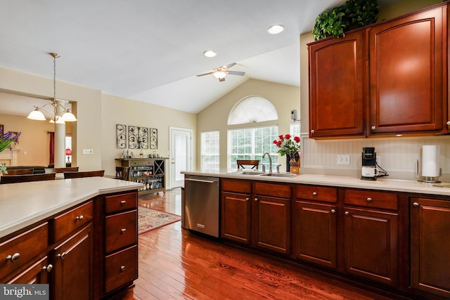 128 Bay Club Pkwy, North East, MD 21901 - kitchen featuring dishwasher, a sink, ceiling fan, dark wood-style flooring, and light countertops