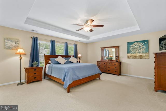 128 Bay Club Pkwy, North East, MD 21901 - bedroom featuring a raised ceiling, baseboards, light colored carpet, ceiling fan, and crown molding