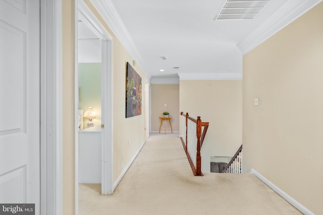 128 Bay Club Pkwy, North East, MD 21901 - hall featuring an upstairs landing, crown molding, carpet flooring, and baseboards