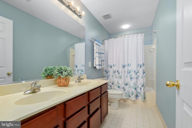 128 Bay Club Pkwy, North East, MD 21901 - bathroom featuring toilet, double vanity, tile patterned flooring, and shower / bathtub combination with curtain