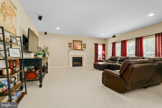 128 Bay Club Pkwy, North East, MD 21901 - living area with carpet, baseboards, recessed lighting, and a fireplace with flush hearth