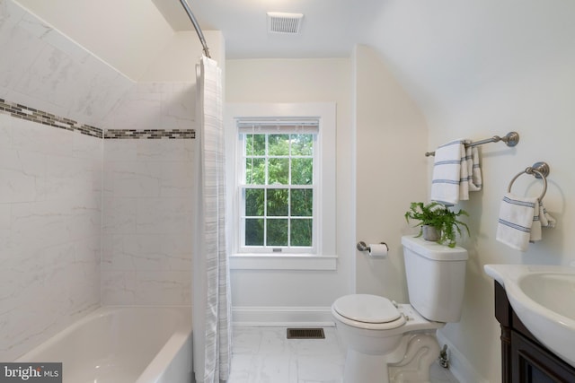 4404 Eastway, Baltimore, MD 21218 - full bathroom featuring baseboards, vanity, toilet, marble finish floors, and shower / bath combo