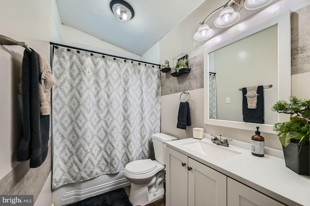 1201 Cobb Rd, Baltimore, MD 21208 - full bathroom featuring lofted ceiling, toilet, vanity, and shower / tub combo with curtain
